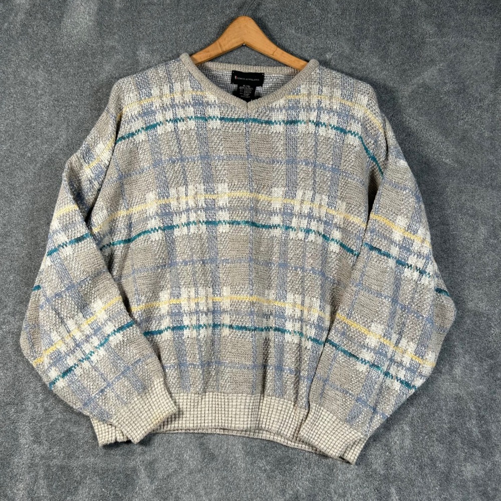VTG Conte di Milano Sweater Knit V-Neck Plaid Men XL Made Italy Grey Blue Yellow